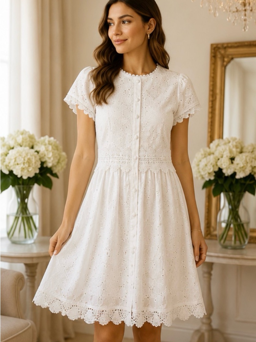 Classic White Eyelet Lace Fit-and-Flare Dress